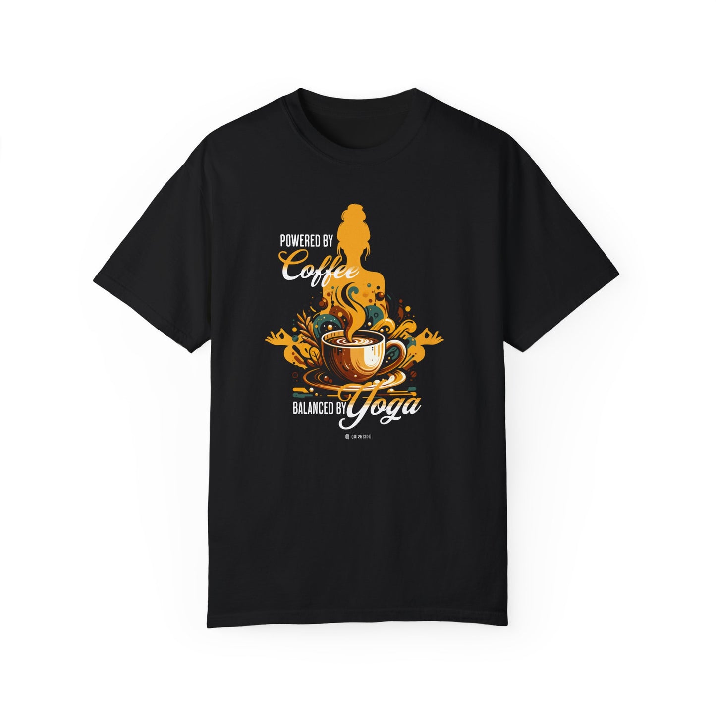 Coffee Lover Yoga Unisex Garment-Dyed T-shirt, Funny Workout Tee, Meditation Top, Gift for Yogi, Coffeeholic Shirt - Quirkside Creations
