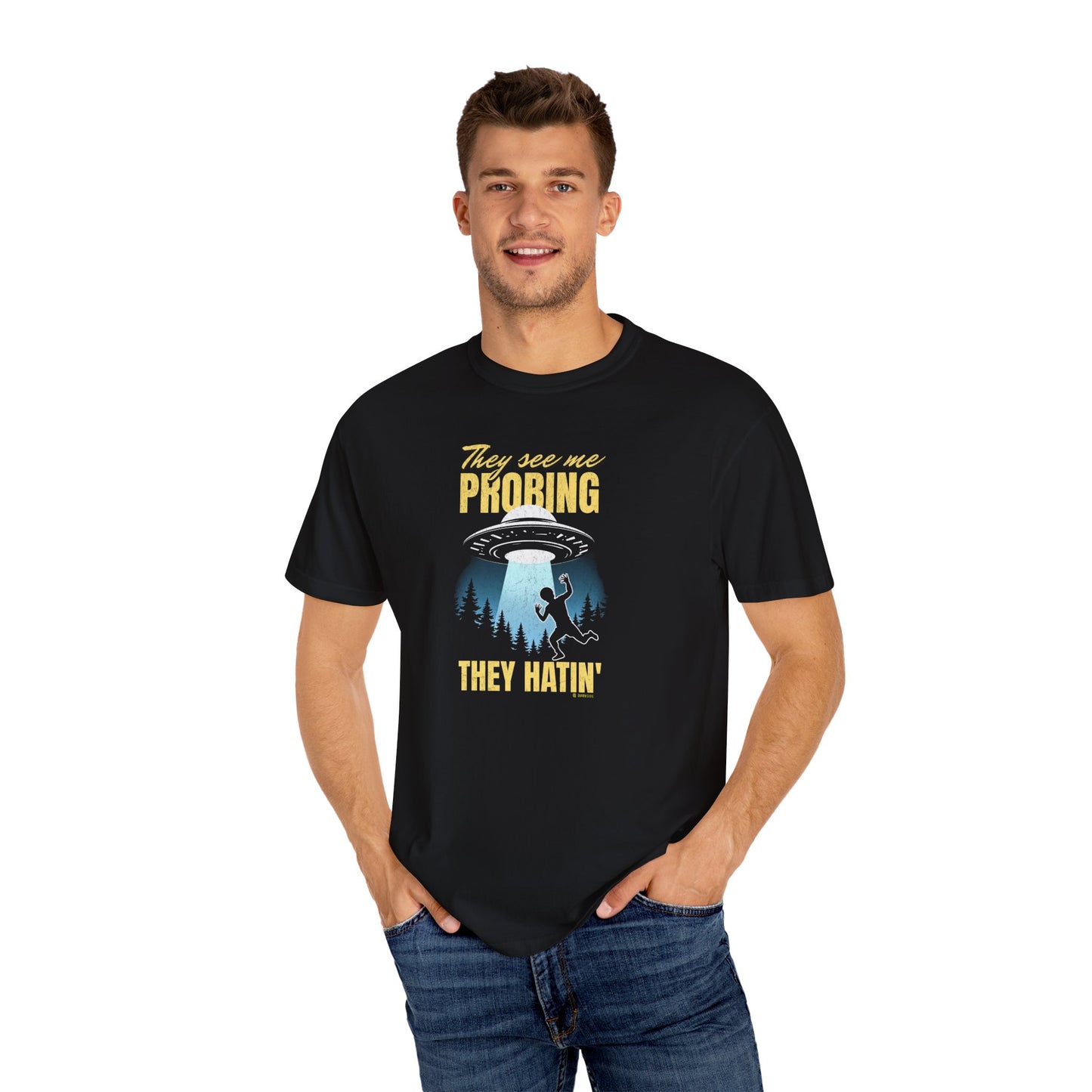 Funny Alien UFO Unisex T-shirt, Extraterrestrial Space Tee, Cosmic Graphic Shirt, Outer Space Clothing, Alien Abduction Apparel
