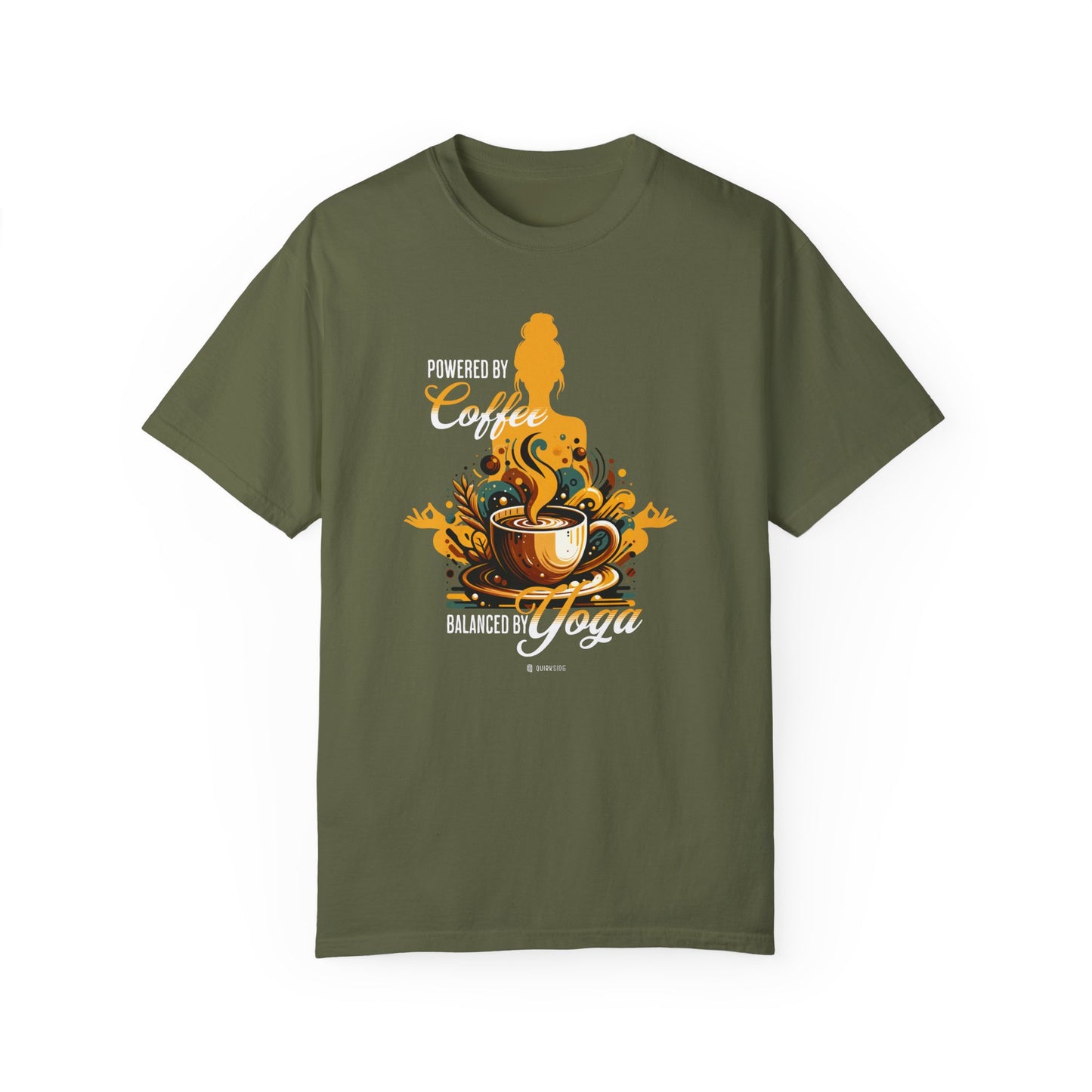 Coffee Lover Yoga Unisex Garment-Dyed T-shirt, Funny Workout Tee, Meditation Top, Gift for Yogi, Coffeeholic Shirt - Quirkside Creations