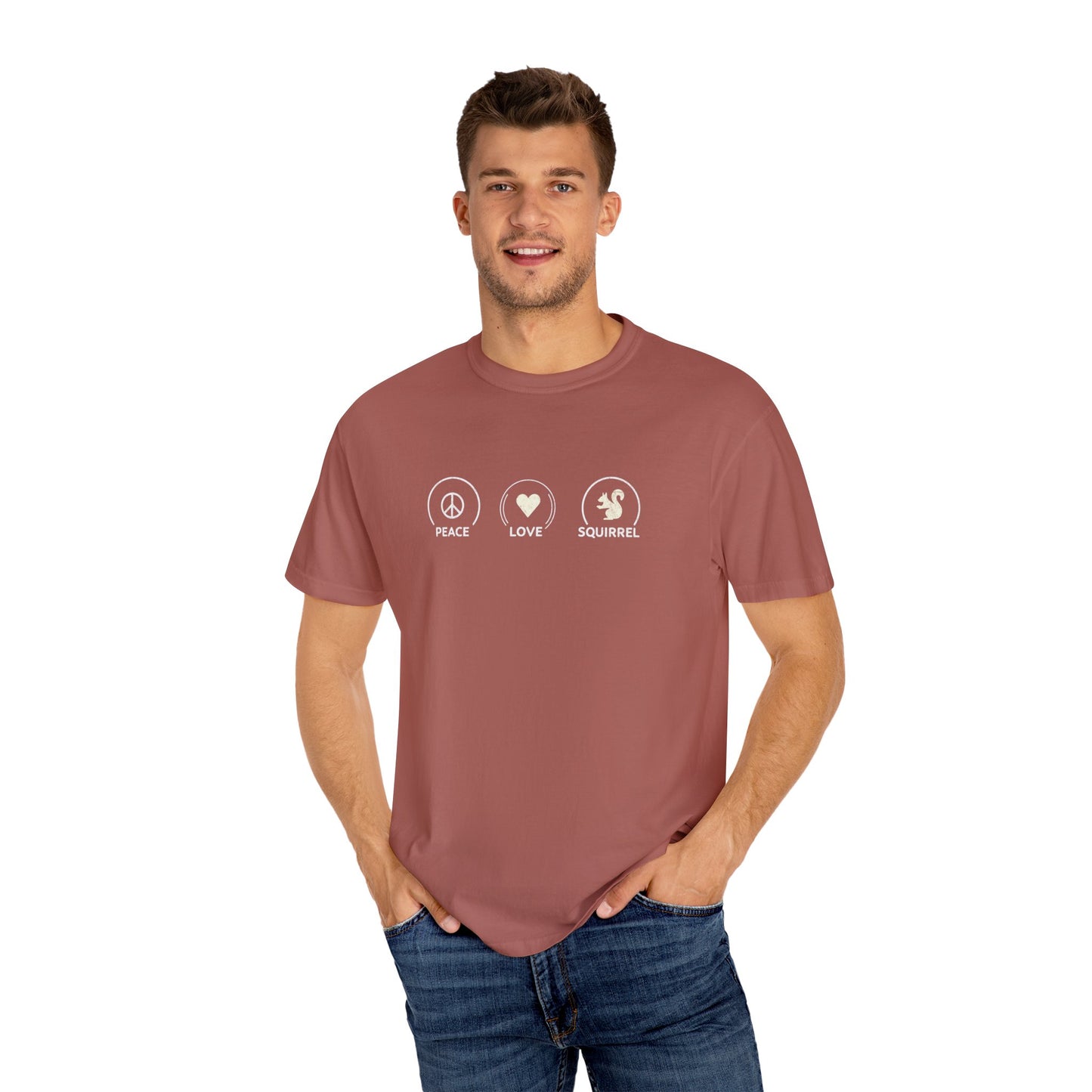 Peace Love Squirrel Unisex T-shirt, Funny Graphic Tee, Humorous Distraction Quote Shirt, Gift for Easily Distracted, Positive Vibes Top