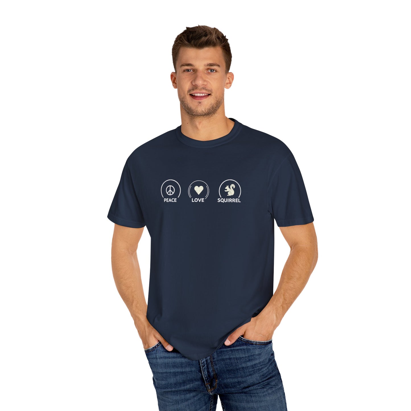 Peace Love Squirrel Unisex T-shirt, Funny Graphic Tee, Humorous Distraction Quote Shirt, Gift for Easily Distracted, Positive Vibes Top