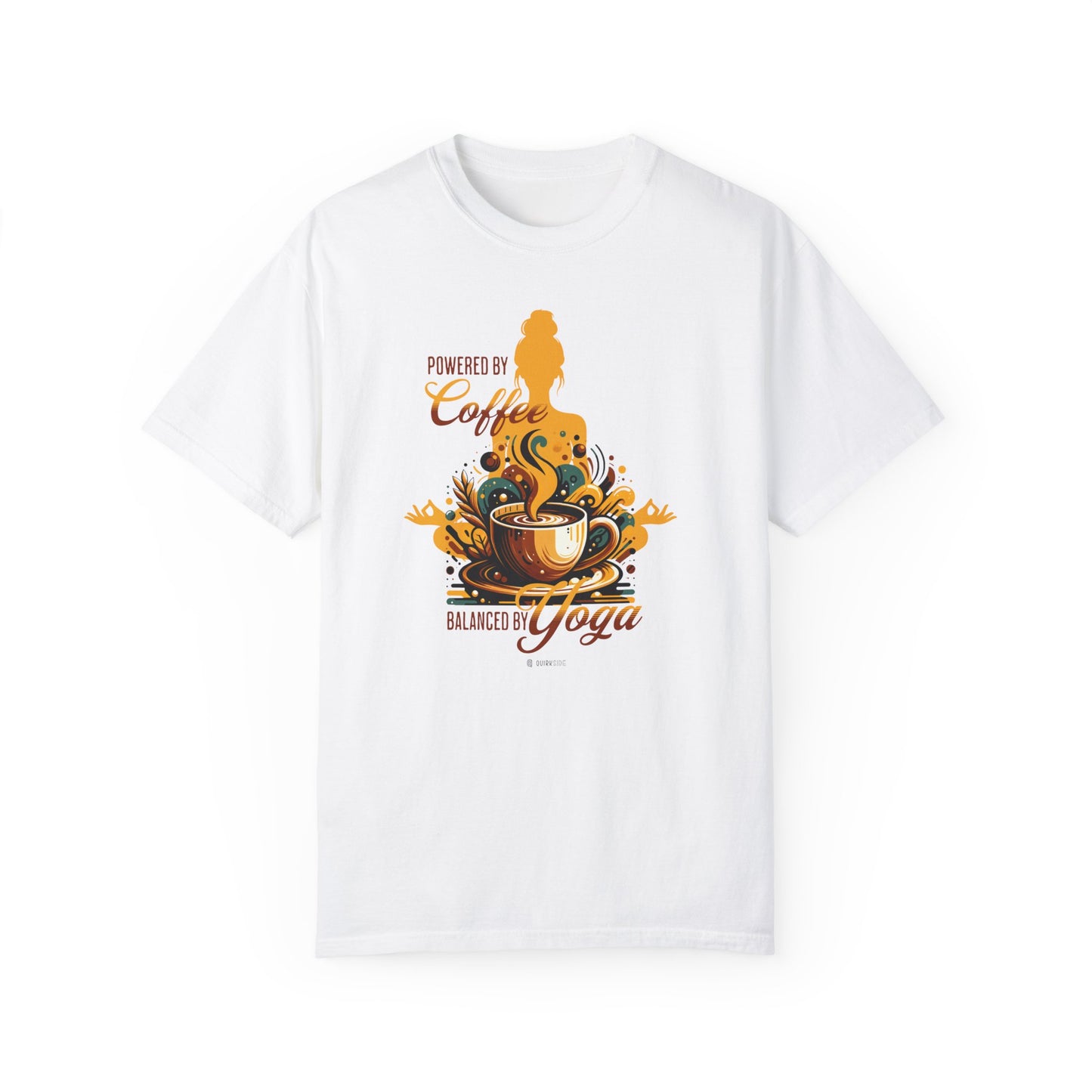 Coffee Lover Yoga Unisex Garment-Dyed T-shirt, Funny Workout Tee, Meditation Top, Gift for Yogi, Coffeeholic Shirt - Quirkside Creations