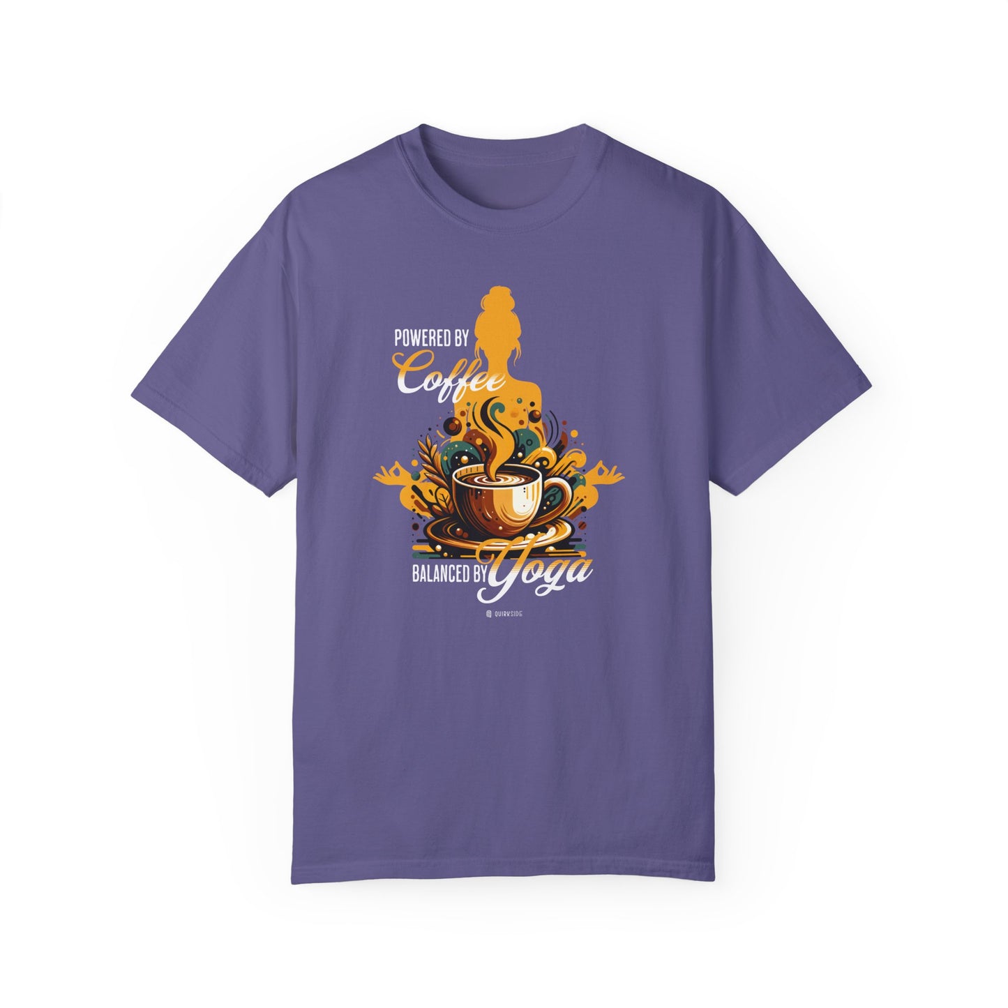 Coffee Lover Yoga Unisex Garment-Dyed T-shirt, Funny Workout Tee, Meditation Top, Gift for Yogi, Coffeeholic Shirt - Quirkside Creations