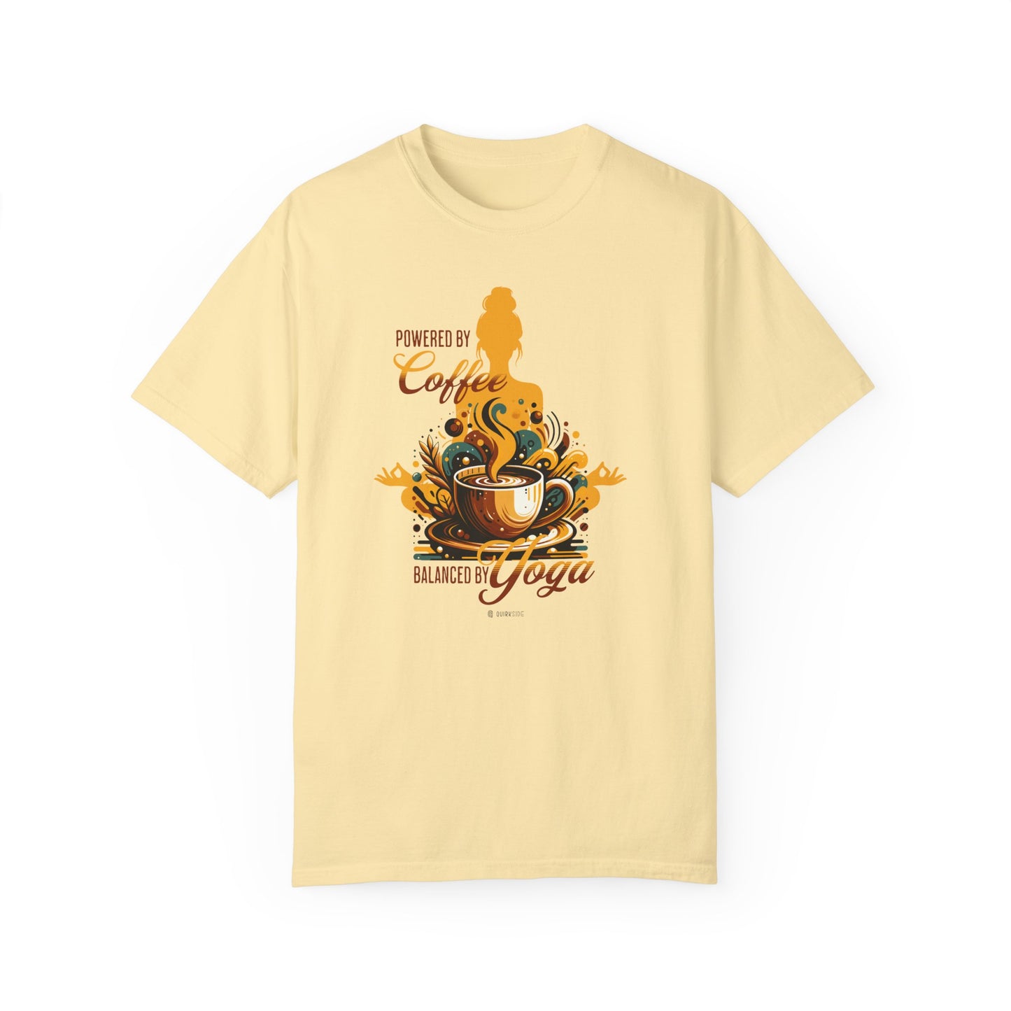 Coffee Lover Yoga Unisex Garment-Dyed T-shirt, Funny Workout Tee, Meditation Top, Gift for Yogi, Coffeeholic Shirt - Quirkside Creations