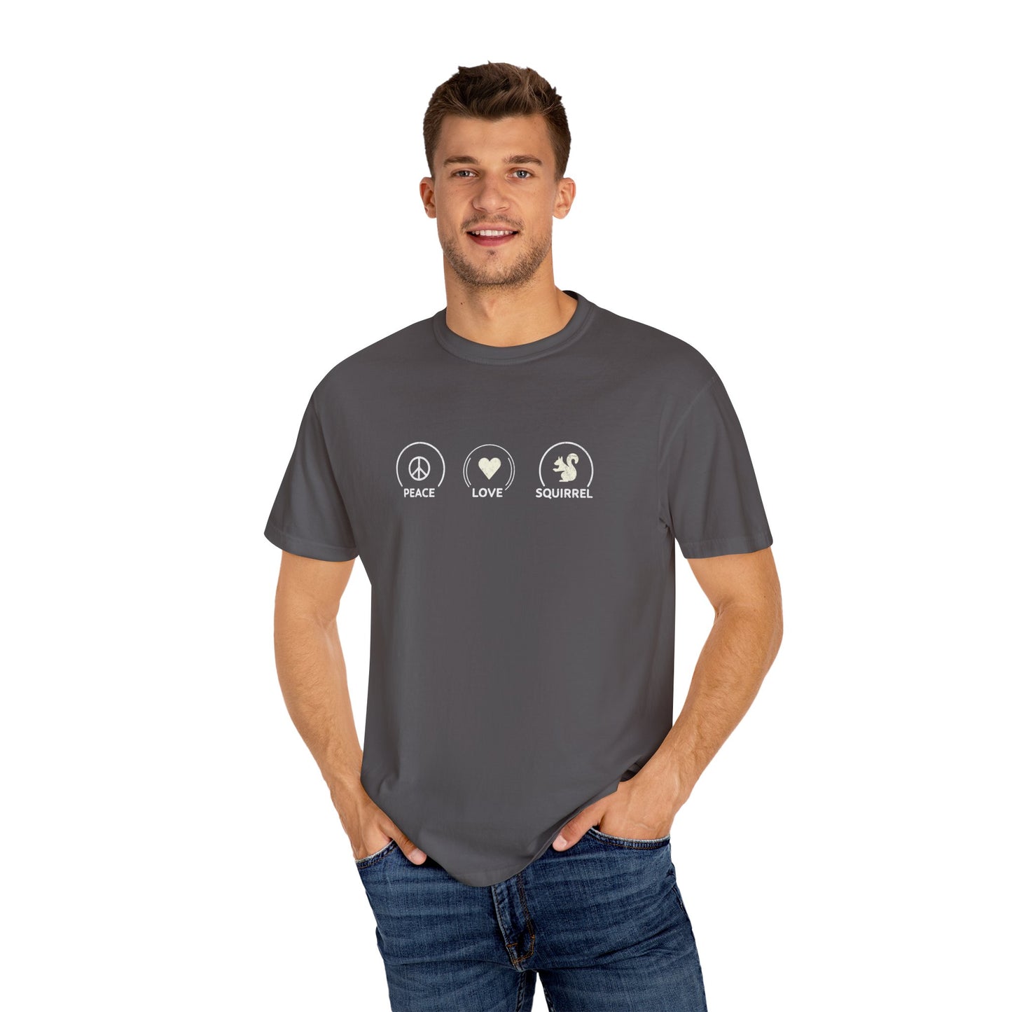 Peace Love Squirrel Unisex T-shirt, Funny Graphic Tee, Humorous Distraction Quote Shirt, Gift for Easily Distracted, Positive Vibes Top