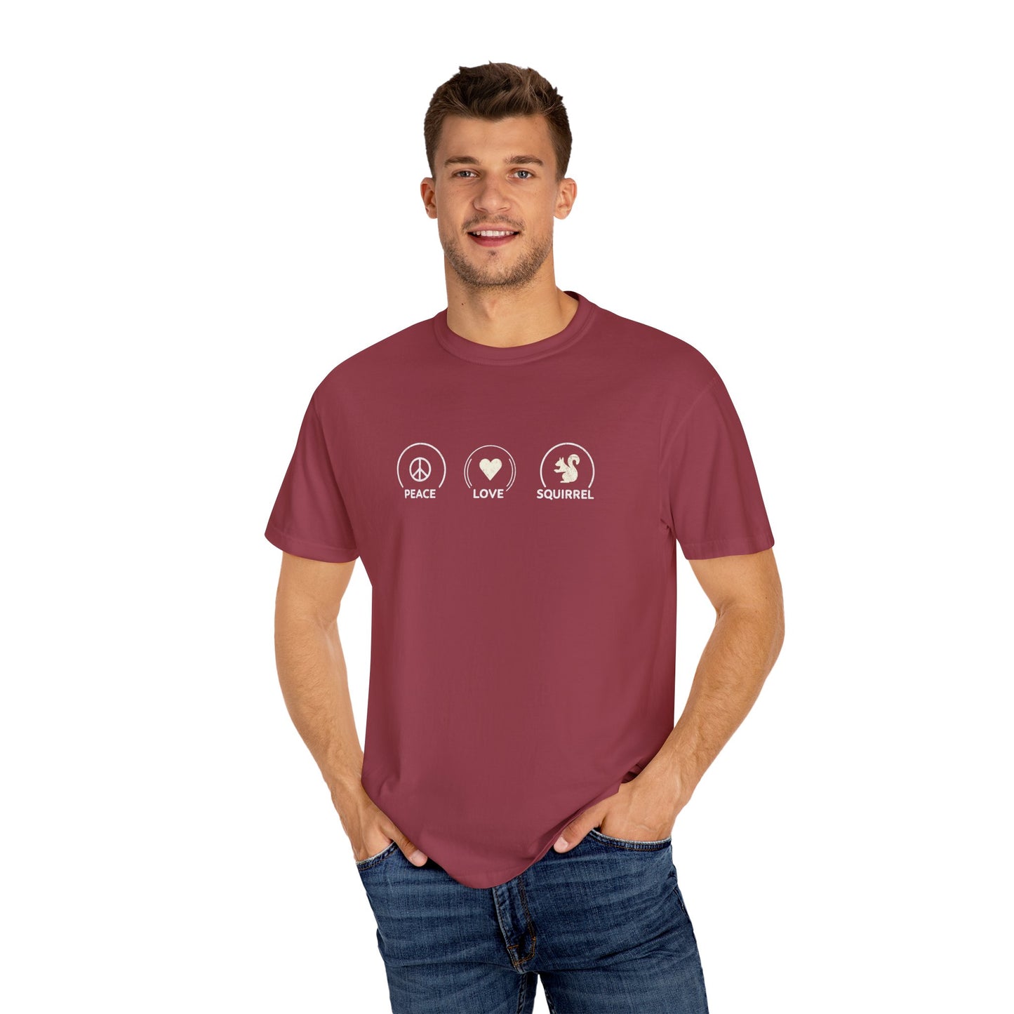 Peace Love Squirrel Unisex T-shirt, Funny Graphic Tee, Humorous Distraction Quote Shirt, Gift for Easily Distracted, Positive Vibes Top