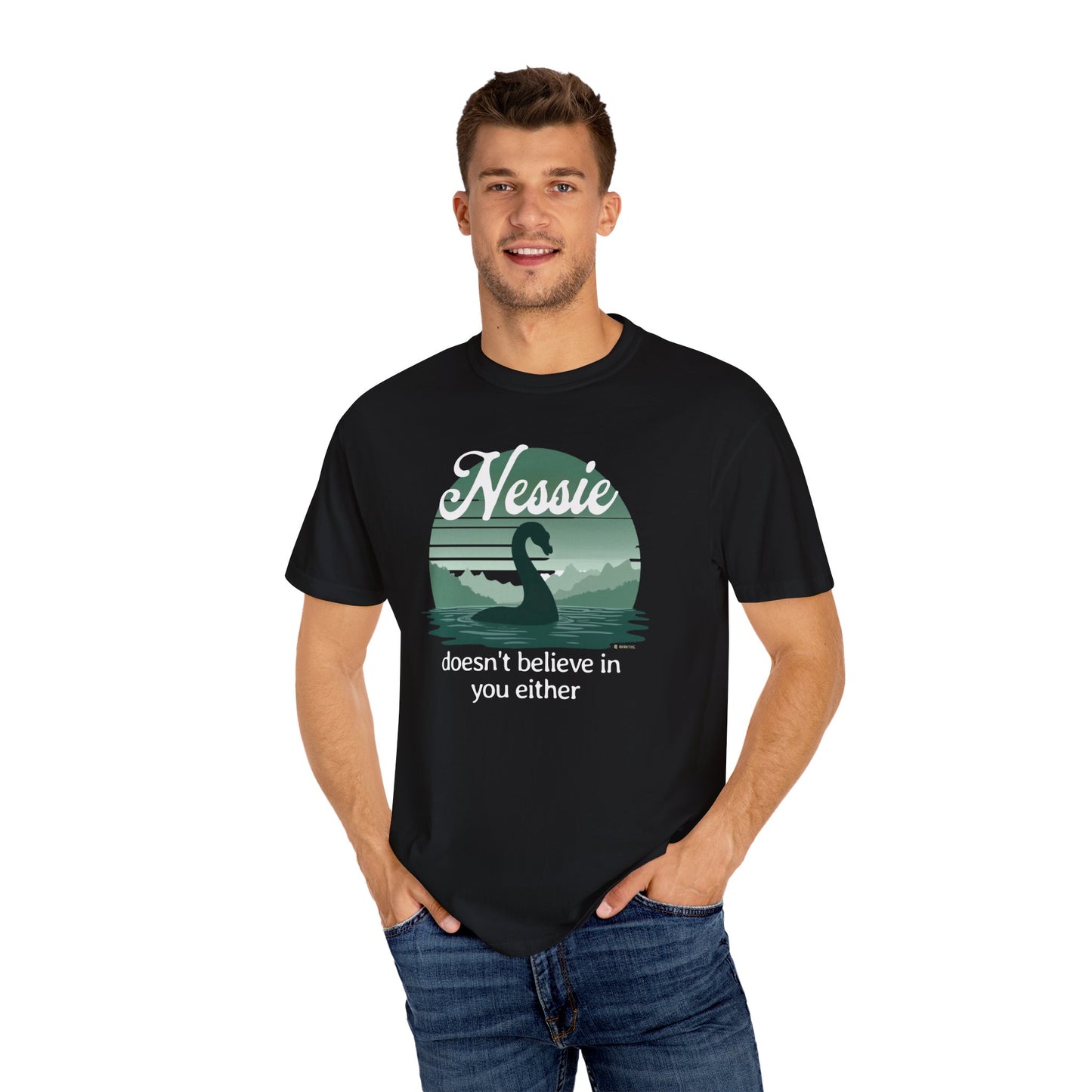 Nessie Believer Unisex Garment-Dyed T-shirt, Funny Loch Ness Tee, Cryptid Enthusiast Gift, Mythical Creature Top, Humorous Cryptid Shirt
