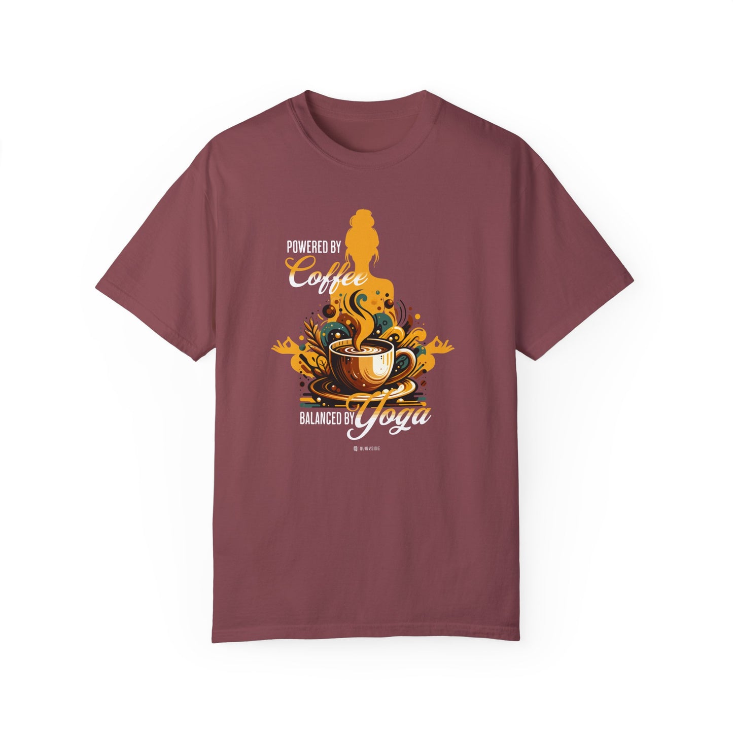 Coffee Lover Yoga Unisex Garment-Dyed T-shirt, Funny Workout Tee, Meditation Top, Gift for Yogi, Coffeeholic Shirt - Quirkside Creations