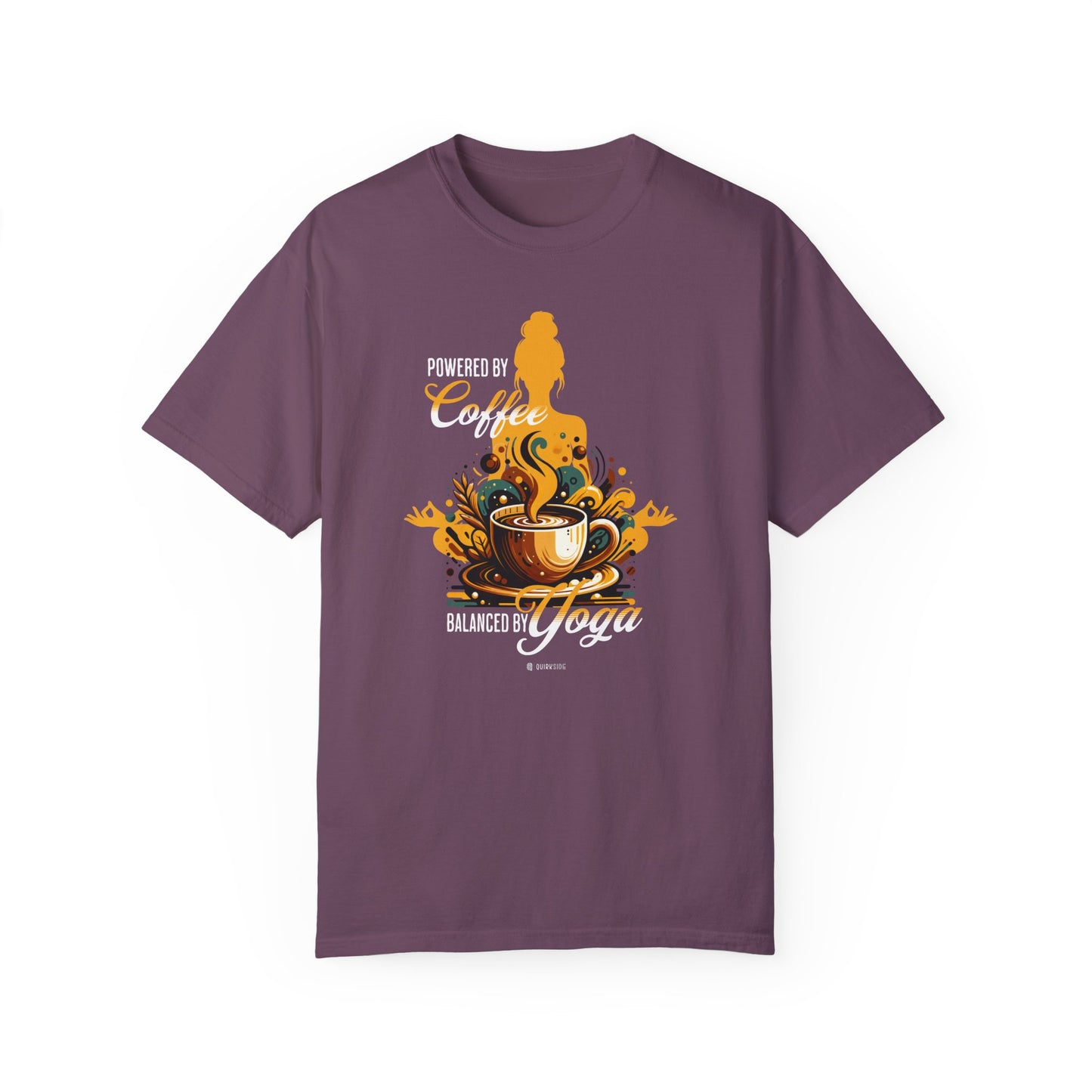 Coffee Lover Yoga Unisex Garment-Dyed T-shirt, Funny Workout Tee, Meditation Top, Gift for Yogi, Coffeeholic Shirt - Quirkside Creations