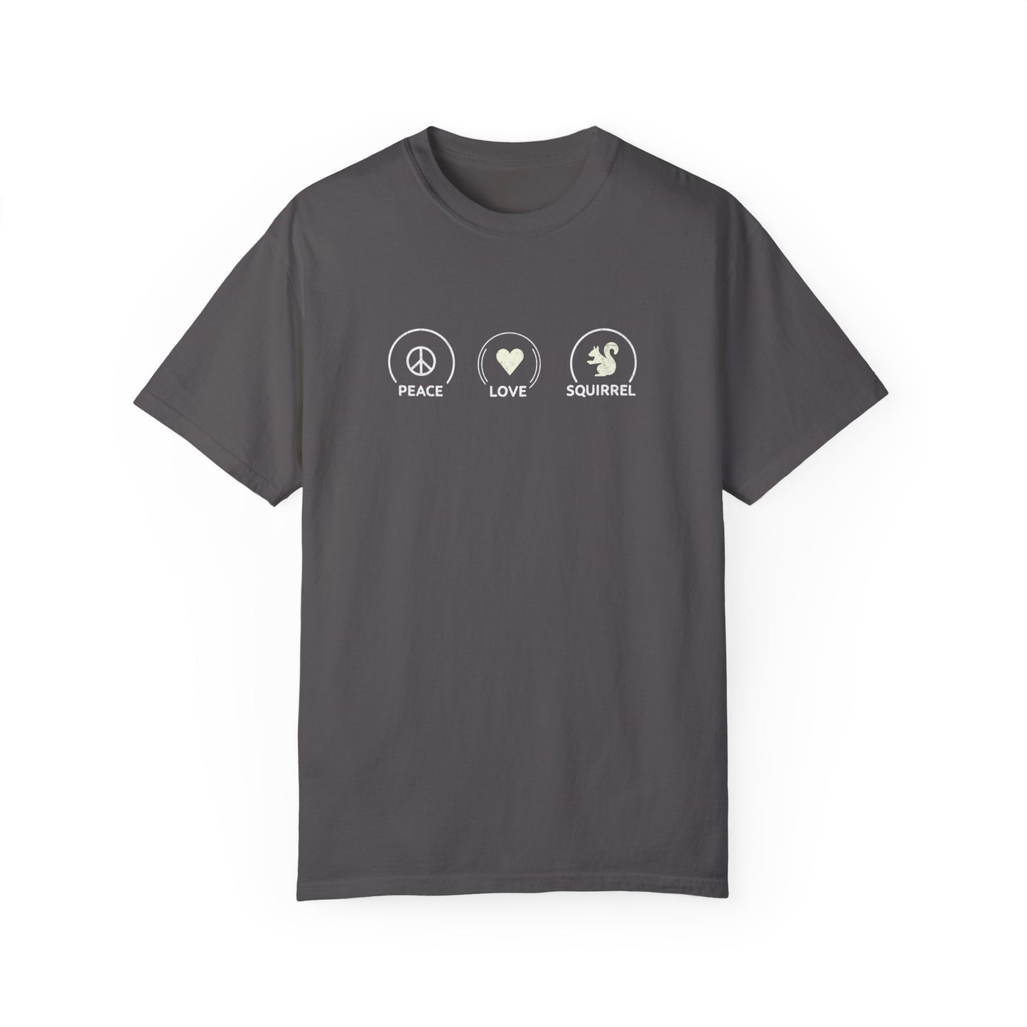 Peace Love Squirrel Unisex T-shirt, Funny Graphic Tee, Humorous Distraction Quote Shirt, Gift for Easily Distracted, Positive Vibes Top