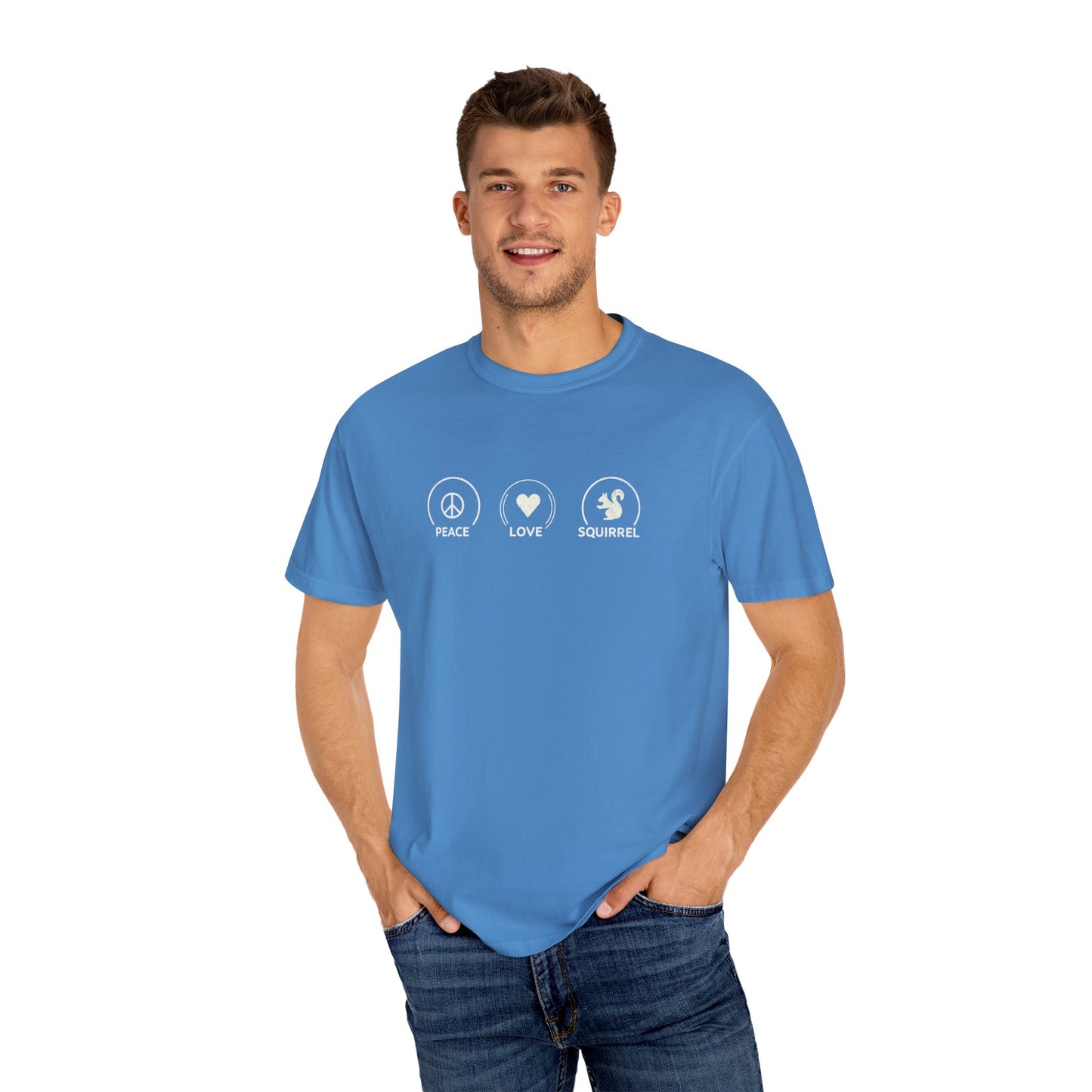Peace Love Squirrel Unisex T-shirt, Funny Graphic Tee, Humorous Distraction Quote Shirt, Gift for Easily Distracted, Positive Vibes Top