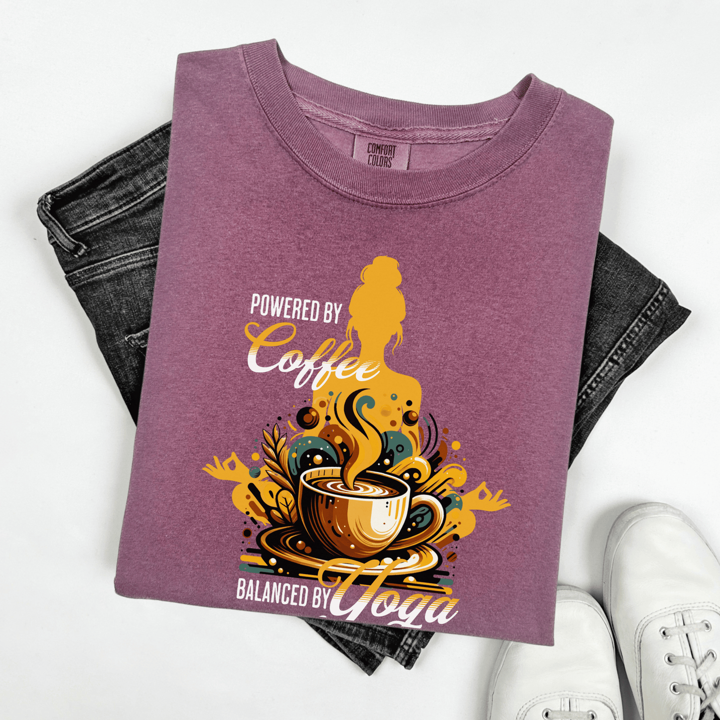 Coffee Lover Yoga Unisex Garment-Dyed T-shirt, Funny Workout Tee, Meditation Top, Gift for Yogi, Coffeeholic Shirt - Quirkside Creations