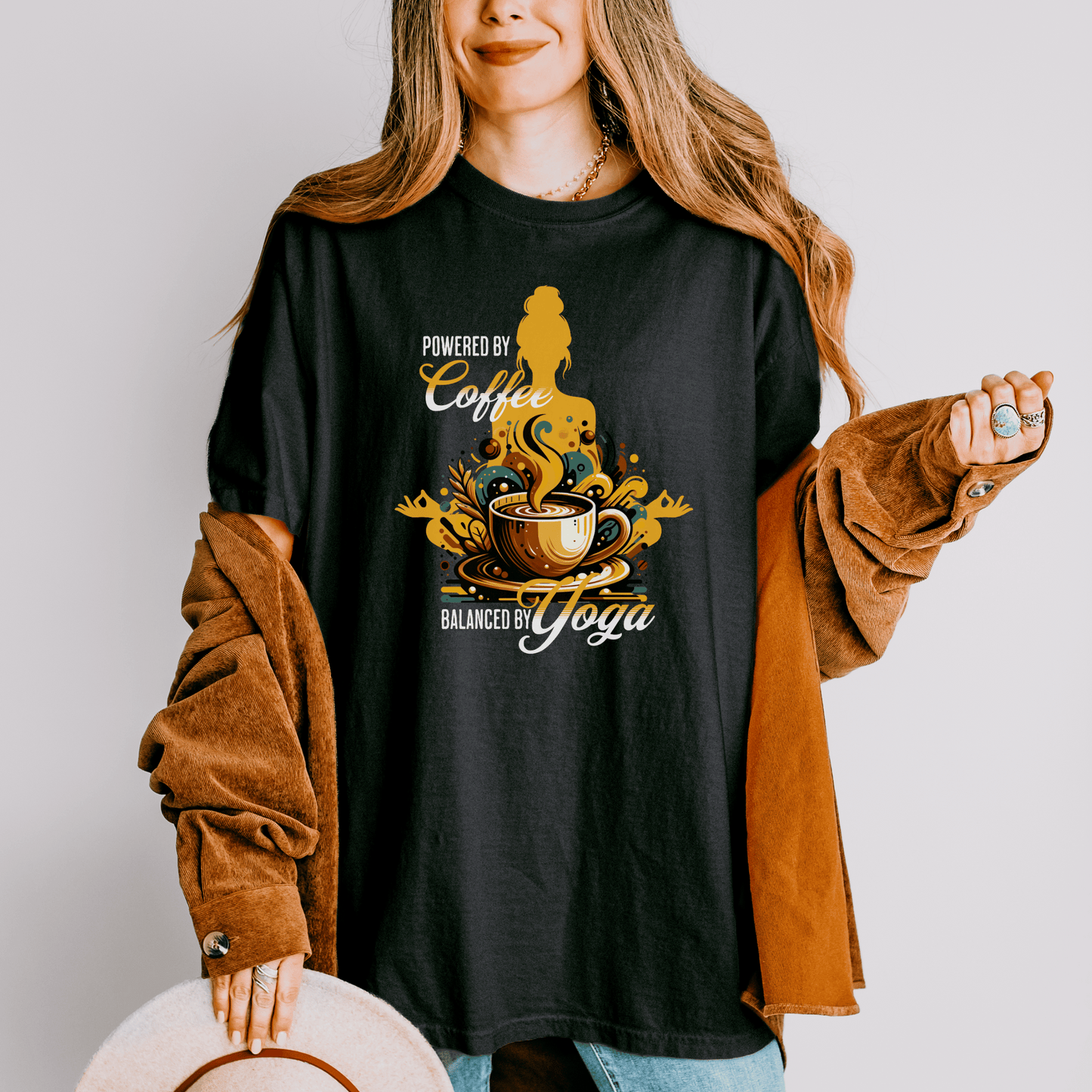 Coffee Lover Yoga Unisex Garment-Dyed T-shirt, Funny Workout Tee, Meditation Top, Gift for Yogi, Coffeeholic Shirt - Quirkside Creations