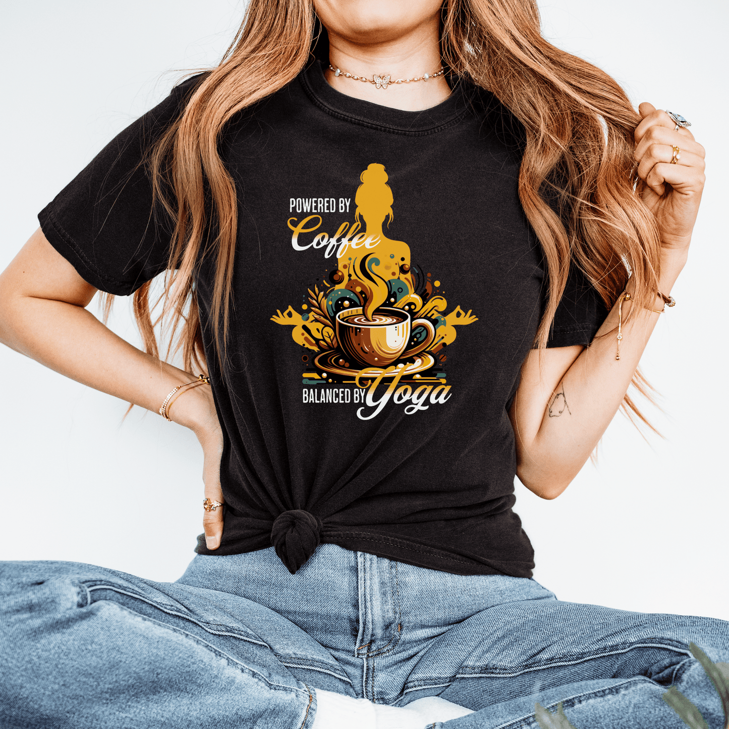 Coffee Lover Yoga Unisex Garment-Dyed T-shirt, Funny Workout Tee, Meditation Top, Gift for Yogi, Coffeeholic Shirt - Quirkside Creations