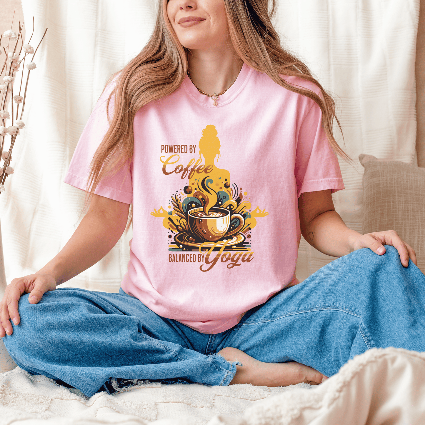 Coffee Lover Yoga Unisex Garment-Dyed T-shirt, Funny Workout Tee, Meditation Top, Gift for Yogi, Coffeeholic Shirt - Quirkside Creations