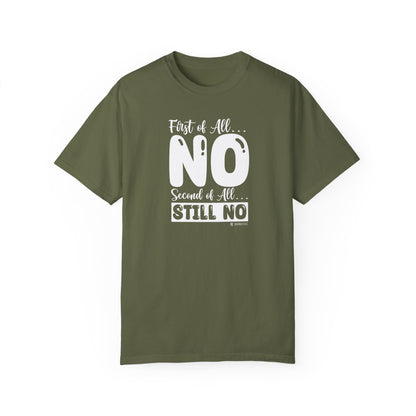 Funny No Means No Unisex Garment-Dyed T-shirt, Humorous Saying Tee, Sarcastic Graphic Shirt, Gift for Joke Lovers, Casual Top - Quirkside Creations