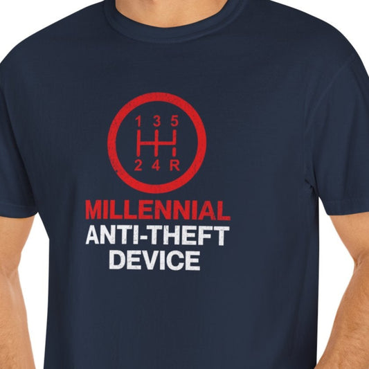 Man wearing a navy blue t-shirt with red and white text and logo on a white background