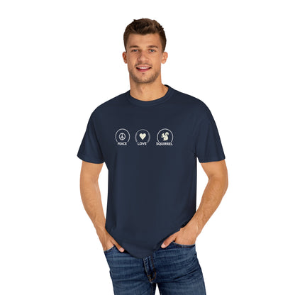 Peace Love Squirrel Unisex T-shirt, Funny Graphic Tee, Humorous Distraction Quote Shirt, Gift for Easily Distracted, Positive Vibes Top