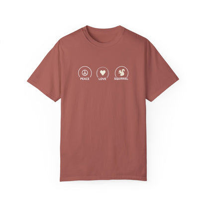 Peace Love Squirrel Unisex T-shirt, Funny Graphic Tee, Humorous Distraction Quote Shirt, Gift for Easily Distracted, Positive Vibes Top