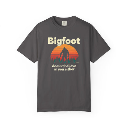 Bigfoot Believer Unisex Garment-Dyed T-shirt, Funny Sasquatch Tee, Cryptid Enthusiast Gift, Mythical Creature Top, Humorous Cryptid Shirt