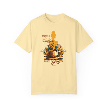 Coffee Lover Yoga Unisex Garment-Dyed T-shirt, Funny Workout Tee, Meditation Top, Gift for Yogi, Coffeeholic Shirt - Quirkside Creations