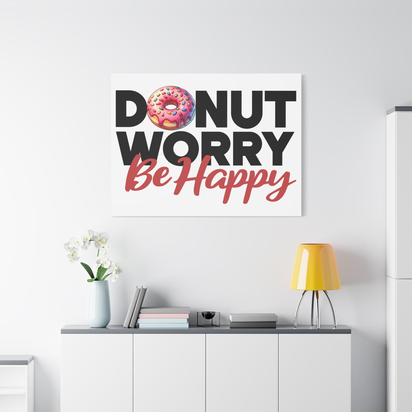 Donut Worry Be Happy Canvas Wall Art, Fun Home Decor, Gift for Foodies, Motivational Wall Art, Quirky Kitchen Decor