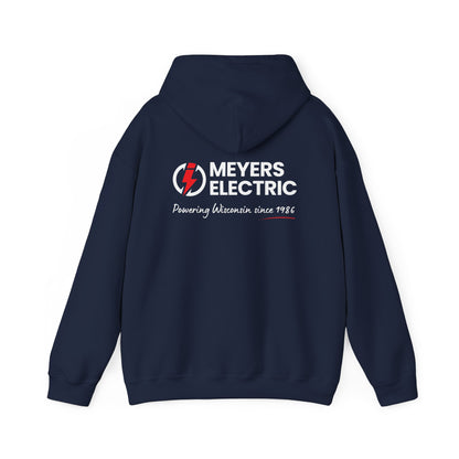 Meyers Electric Logo Hoodie — Navy Workwear Pullover for Electricians