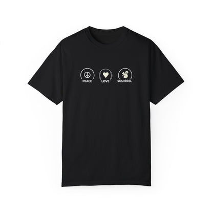Peace Love Squirrel Unisex T-shirt, Funny Graphic Tee, Humorous Distraction Quote Shirt, Gift for Easily Distracted, Positive Vibes Top