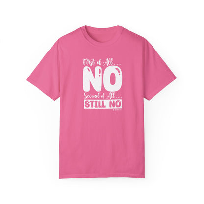 Funny No Means No Unisex Garment-Dyed T-shirt, Humorous Saying Tee, Sarcastic Graphic Shirt, Gift for Joke Lovers, Casual Top - Quirkside Creations