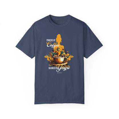 Coffee Lover Yoga Unisex Garment-Dyed T-shirt, Funny Workout Tee, Meditation Top, Gift for Yogi, Coffeeholic Shirt - Quirkside Creations