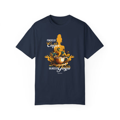 Coffee Lover Yoga Unisex Garment-Dyed T-shirt, Funny Workout Tee, Meditation Top, Gift for Yogi, Coffeeholic Shirt - Quirkside Creations