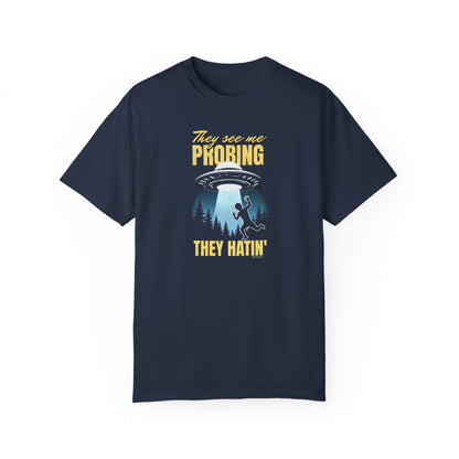 Funny Alien UFO Unisex T-shirt, Extraterrestrial Space Tee, Cosmic Graphic Shirt, Outer Space Clothing, Alien Abduction Apparel