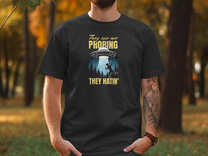Funny Alien UFO Unisex T-shirt, Extraterrestrial Space Tee, Cosmic Graphic Shirt, Outer Space Clothing, Alien Abduction Apparel