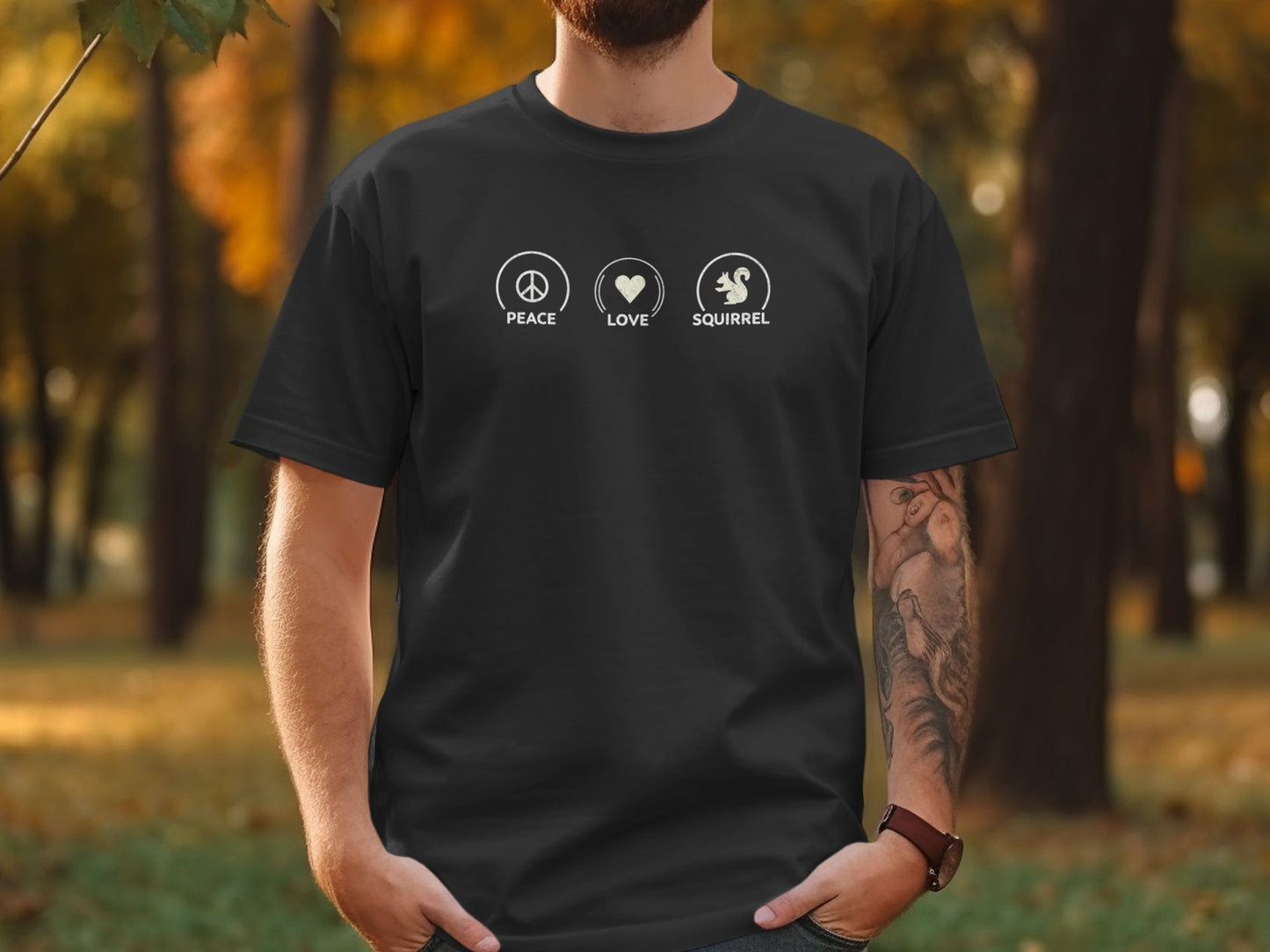 Peace Love Squirrel Unisex T-shirt, Funny Graphic Tee, Humorous Distraction Quote Shirt, Gift for Easily Distracted, Positive Vibes Top