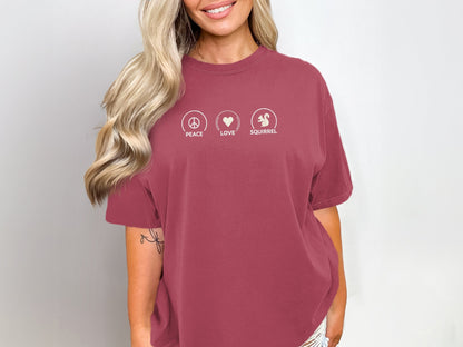 Peace Love Squirrel Unisex T-shirt, Funny Graphic Tee, Humorous Distraction Quote Shirt, Gift for Easily Distracted, Positive Vibes Top