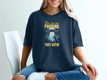 Funny Alien UFO Unisex T-shirt, Extraterrestrial Space Tee, Cosmic Graphic Shirt, Outer Space Clothing, Alien Abduction Apparel