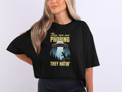 Funny Alien UFO Unisex T-shirt, Extraterrestrial Space Tee, Cosmic Graphic Shirt, Outer Space Clothing, Alien Abduction Apparel