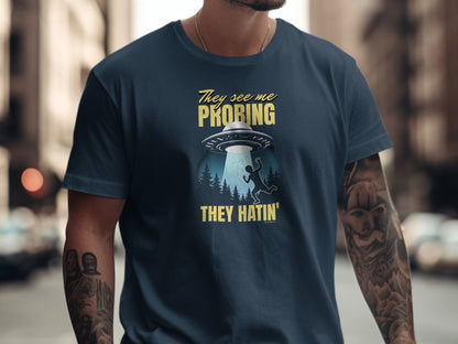 Funny Alien UFO Unisex T-shirt, Extraterrestrial Space Tee, Cosmic Graphic Shirt, Outer Space Clothing, Alien Abduction Apparel