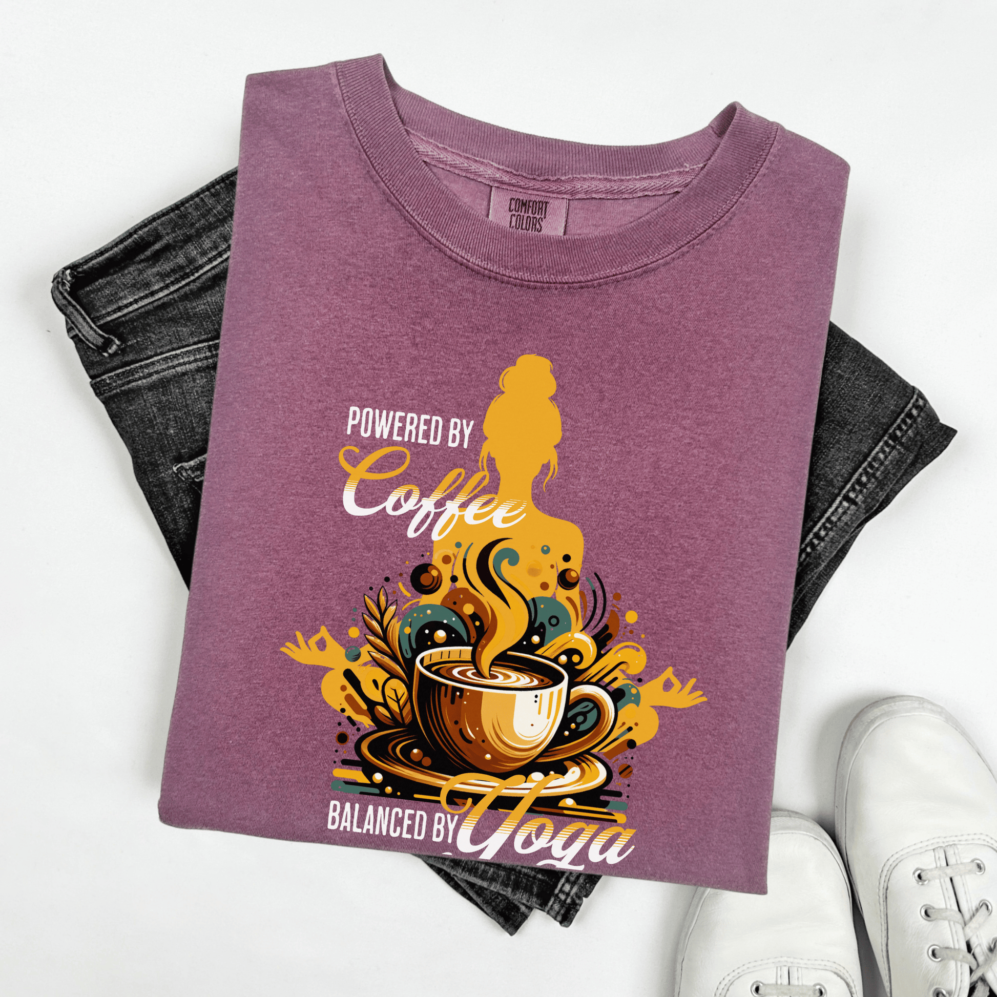 Coffee Lover Yoga Unisex Garment-Dyed T-shirt, Funny Workout Tee, Meditation Top, Gift for Yogi, Coffeeholic Shirt - Quirkside Creations