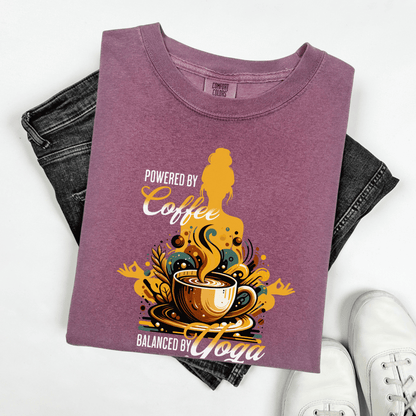 Coffee Lover Yoga Unisex Garment-Dyed T-shirt, Funny Workout Tee, Meditation Top, Gift for Yogi, Coffeeholic Shirt - Quirkside Creations