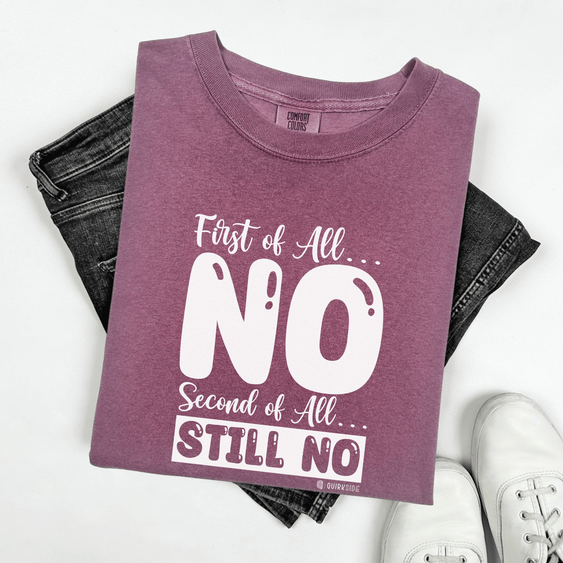 Funny No Means No Unisex Garment-Dyed T-shirt, Humorous Saying Tee, Sarcastic Graphic Shirt, Gift for Joke Lovers, Casual Top - Quirkside Creations