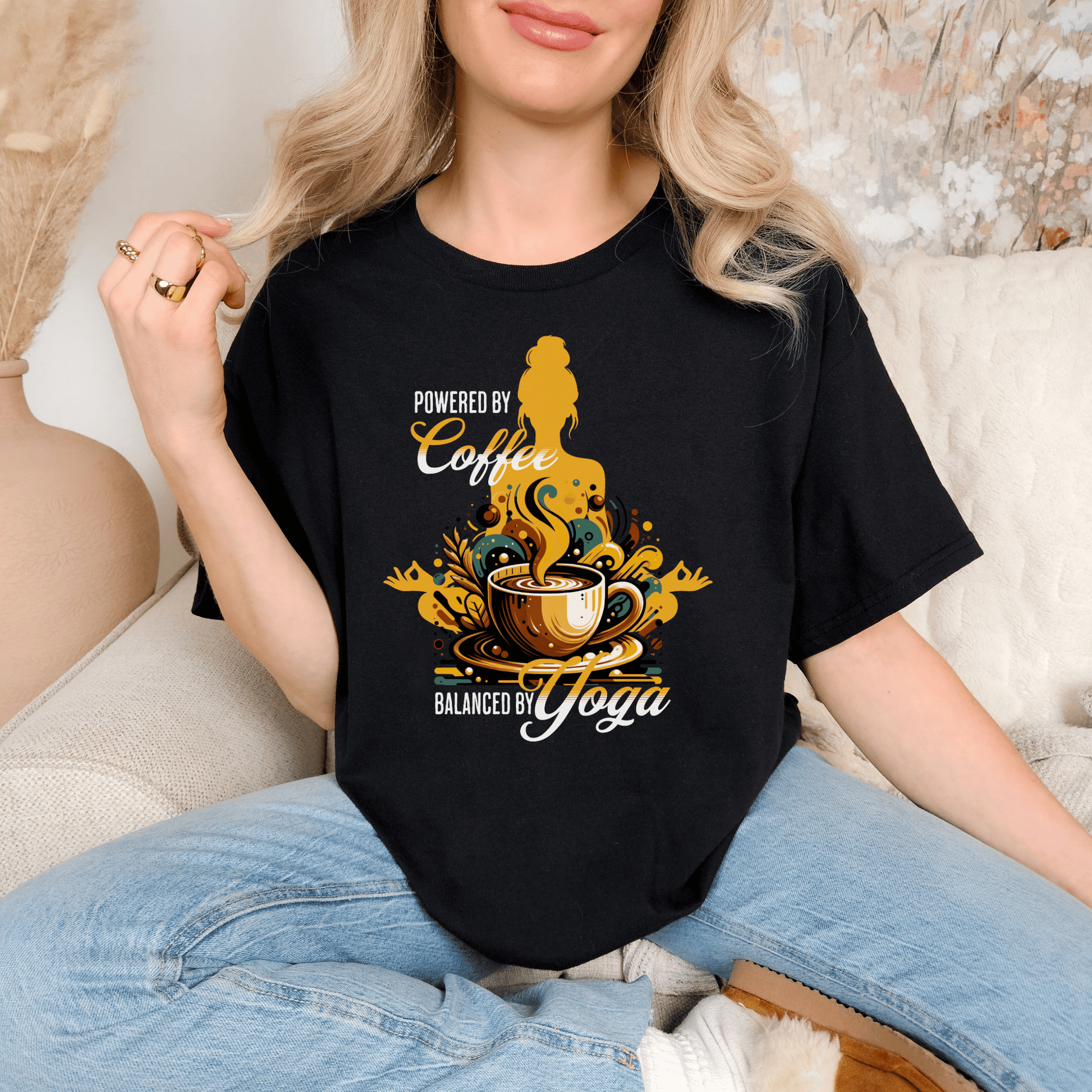 Coffee Lover Yoga Unisex Garment-Dyed T-shirt, Funny Workout Tee, Meditation Top, Gift for Yogi, Coffeeholic Shirt - Quirkside Creations