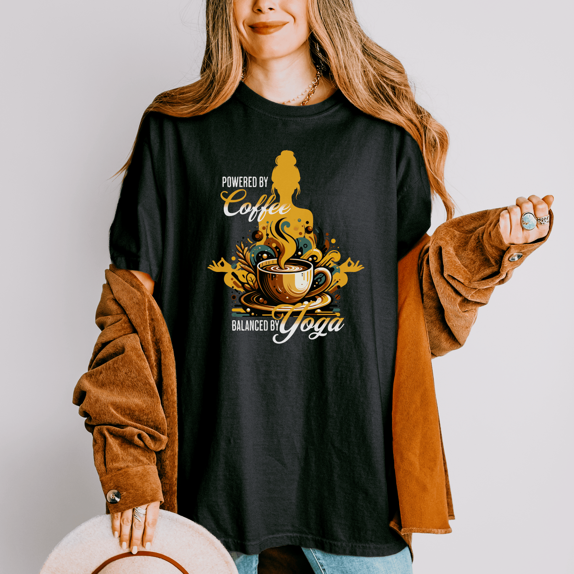 Coffee Lover Yoga Unisex Garment-Dyed T-shirt, Funny Workout Tee, Meditation Top, Gift for Yogi, Coffeeholic Shirt - Quirkside Creations