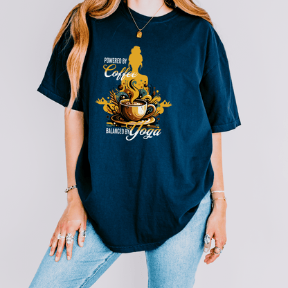 Coffee Lover Yoga Unisex Garment-Dyed T-shirt, Funny Workout Tee, Meditation Top, Gift for Yogi, Coffeeholic Shirt - Quirkside Creations