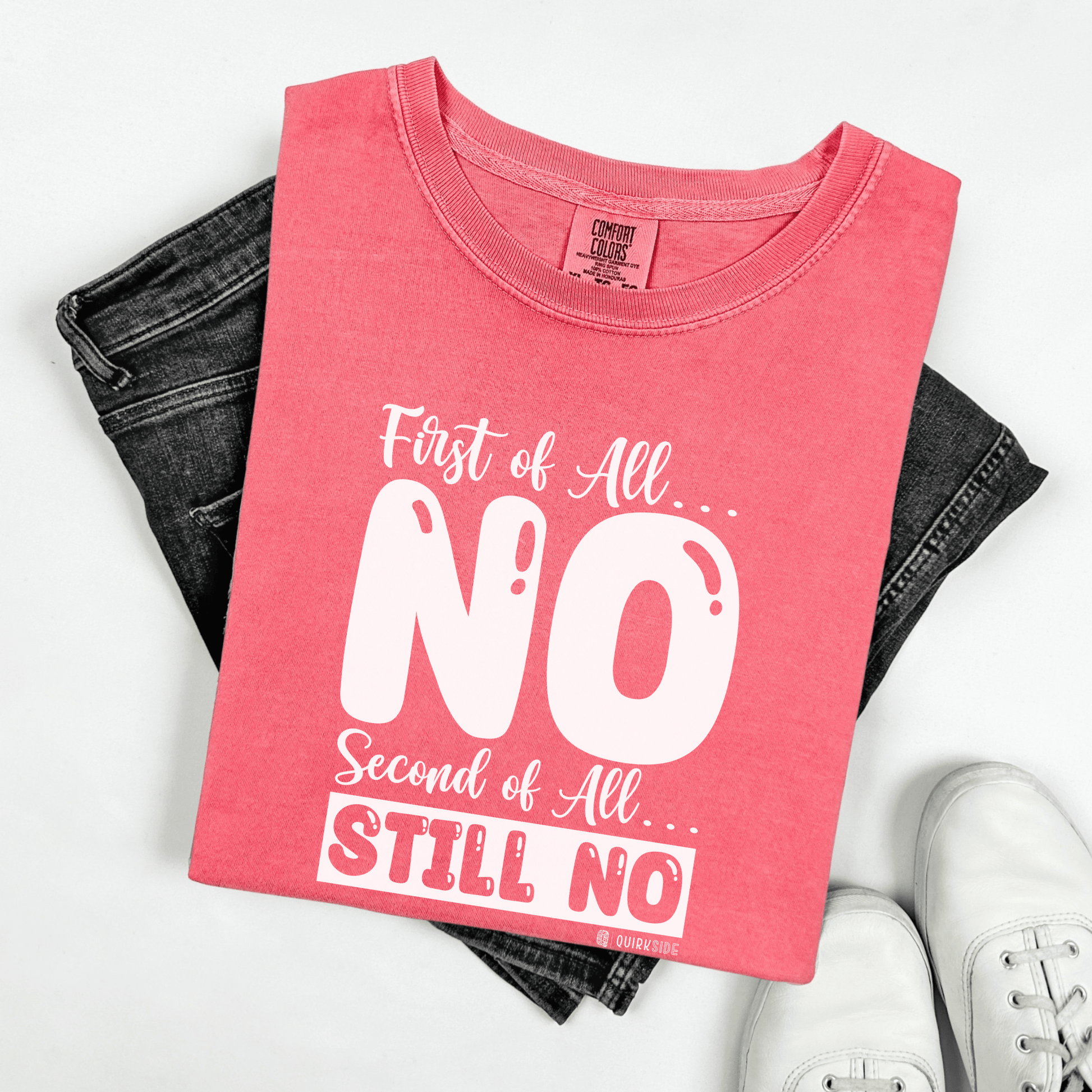 Funny No Means No Unisex Garment-Dyed T-shirt, Humorous Saying Tee, Sarcastic Graphic Shirt, Gift for Joke Lovers, Casual Top - Quirkside Creations